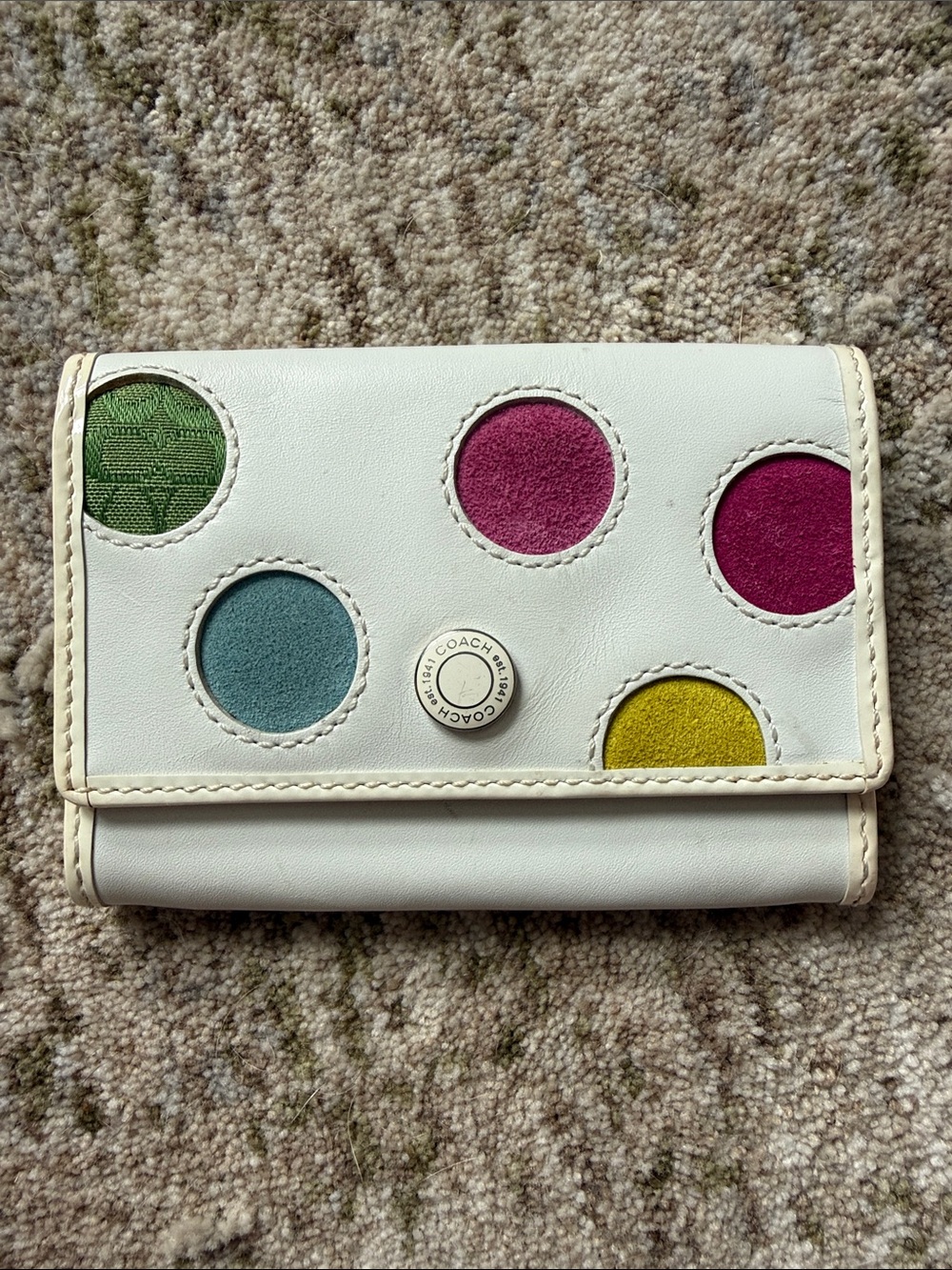Coach White Leather Card Case Multicolor Suede Polka Dots